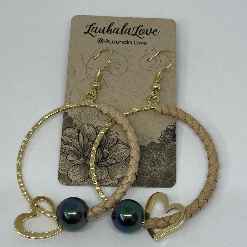 Hamilton Gold Hoop Lauhala Woven Dangle Earrings